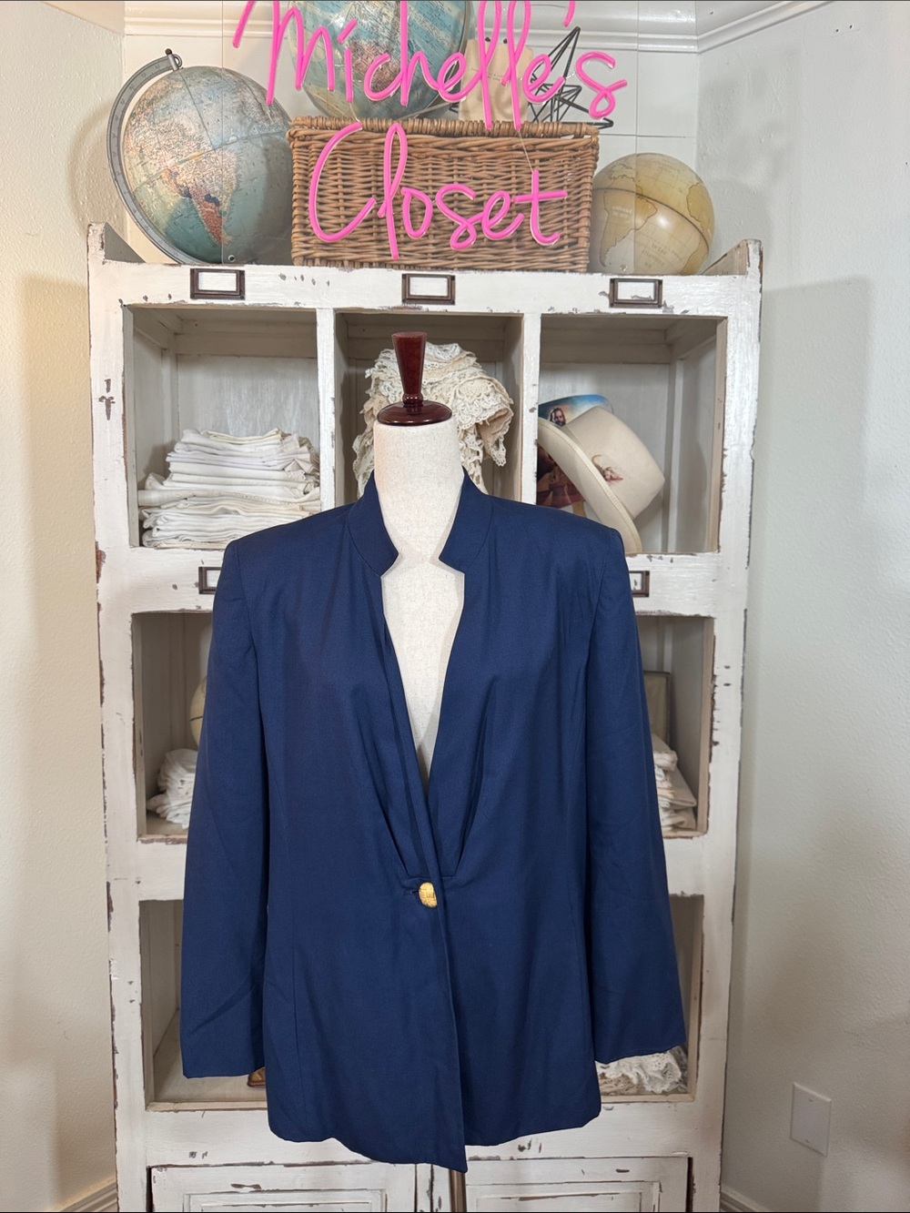 Dior Vintage 80s-90s Navy Single-Button Open Front Blazer